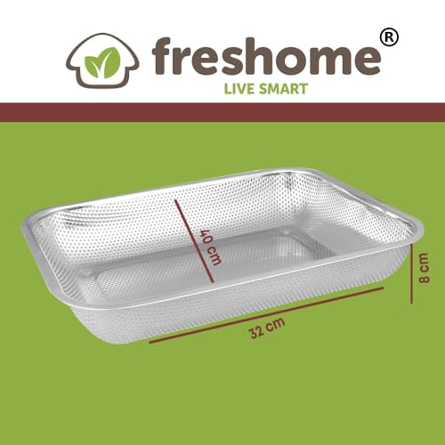 FRESHOME Freshome Multipurpose Square Stainless Steel Collander for Washing Rice, Fruits, Vegetables and Grains to Filter Easily in The Kitchen Bowl (40X32), 35X15X5 Cm, Silver - Image 3