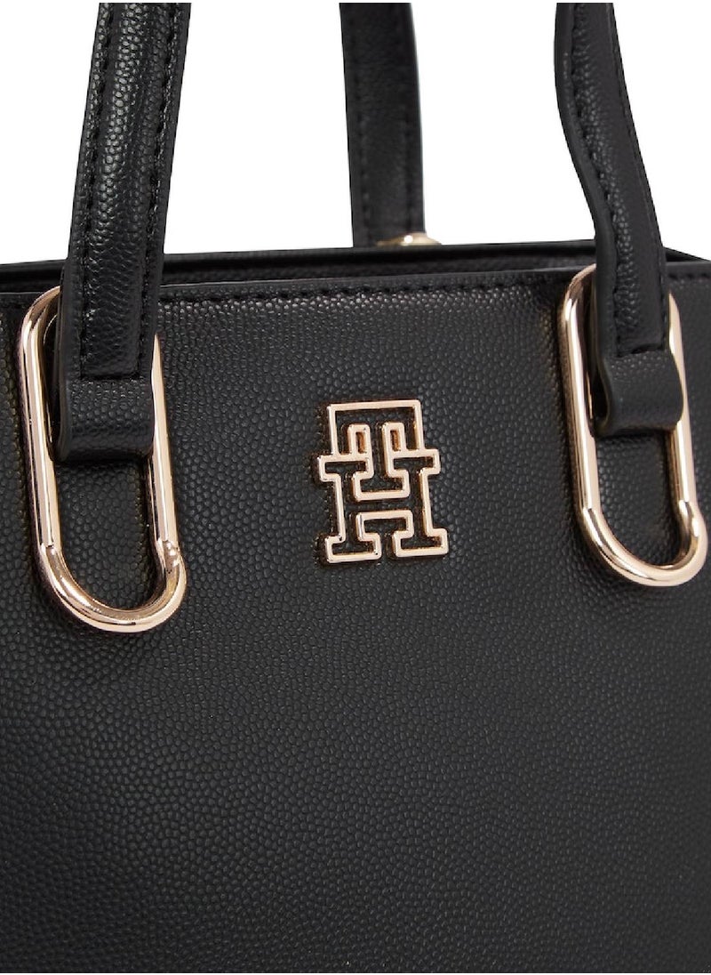 TOMMY HILFIGER - Women's Monogram Plaque Medium Tote Handbag -  Polyurethane, Black - Image 1
