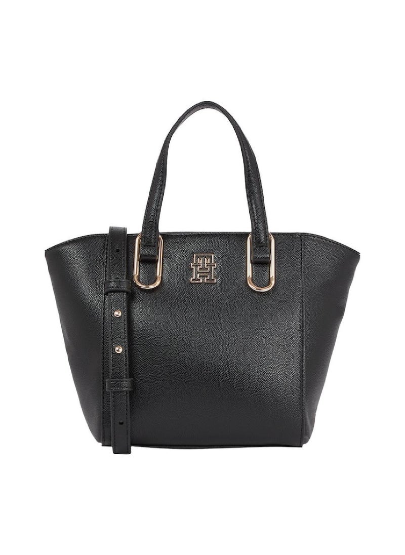 TOMMY HILFIGER - Women's Monogram Plaque Medium Tote Handbag -  Polyurethane, Black - Image 1