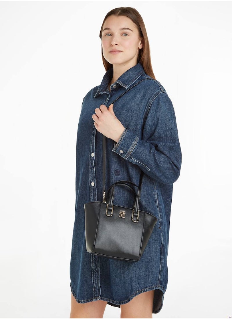 TOMMY HILFIGER - Women's Monogram Plaque Medium Tote Handbag -  Polyurethane, Black - Image 1