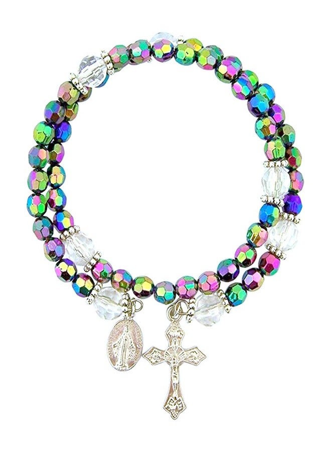 CB Catholic Purple Wrap Style Rosary Bracelet with Dangle Crucifix & Miraculous Medal, Beaded, 8" - Image 1