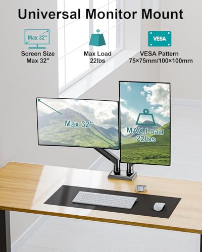 MOUNT PRO Dual Monitor Arm Desk Mount Fits 13 to 32 inch Computer Screens, Holds 4.4 to 22lbs Display VESA Mount, Adjustable Double Monitor Stand with Clamp/Grommet Base, 75/100mm Bracket, Black, Freelift - Image 2