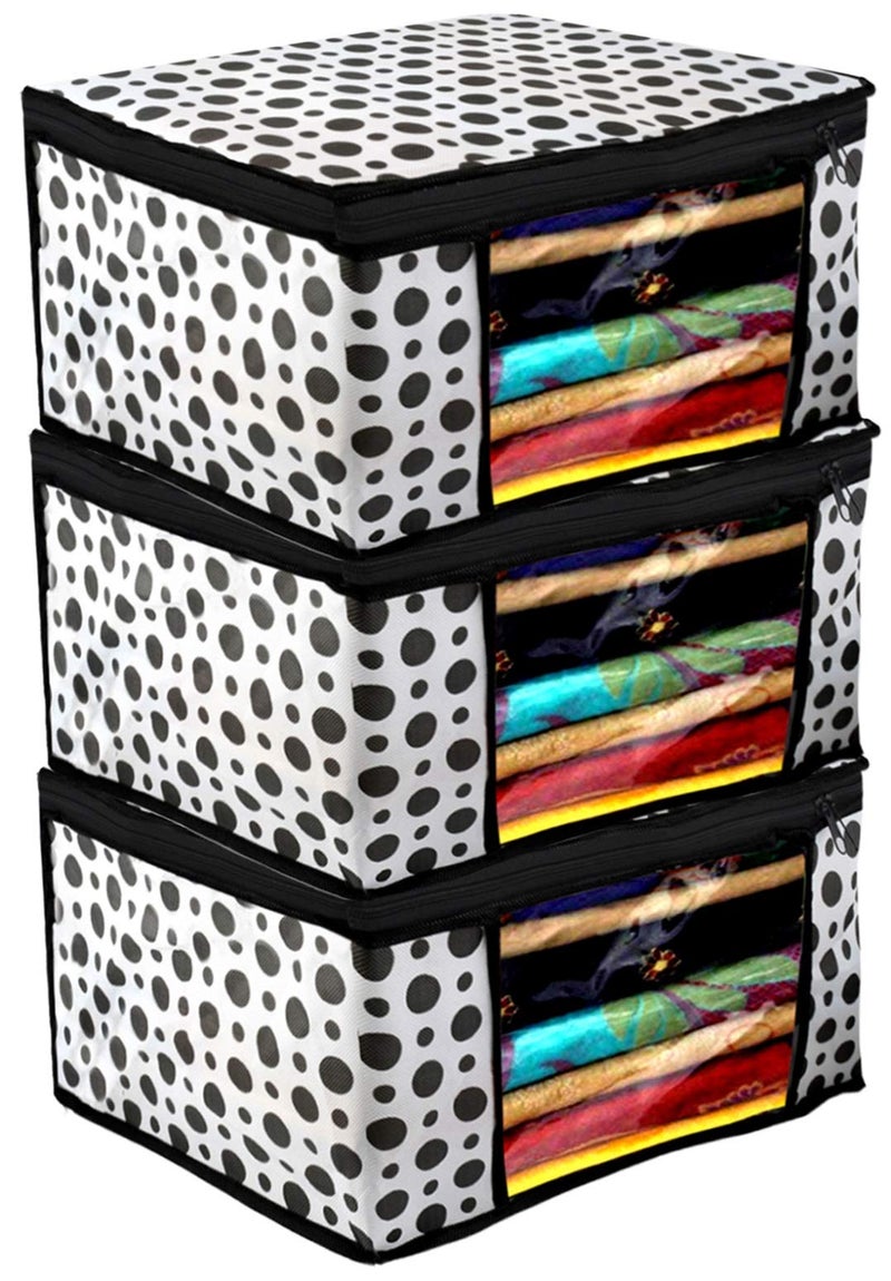 Kuber Industries Polka Dots Design Non-woven Foldable Saree Cover|Clothes Storage Bag/Wardrobe Organizer|Zipper Closer With Transparent Window|Size 46 x 32 x 22 CM|Pack of 3 (Black & White) - Image 1