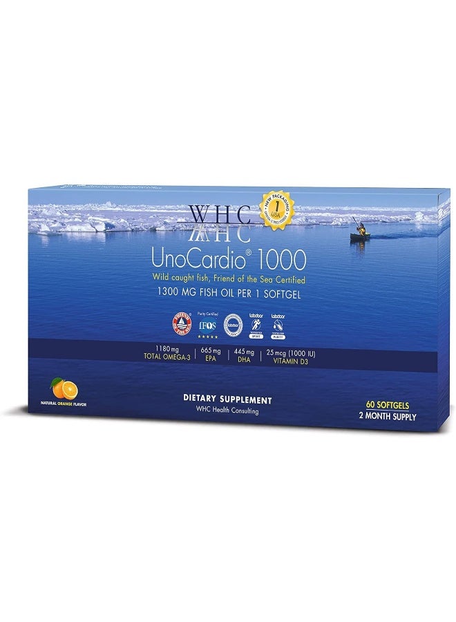 WHC, UnoCardio 1000 Fish Oil, 1300 mg of Pure Triglyceride Fish Oil with Omega-3 (1180 mg), 665 mg EPA and 445 mg DHA and 25 mcg (1000 IU) Vitamin D3 per softgel, Natural Orange, 60 softgels - Image 1