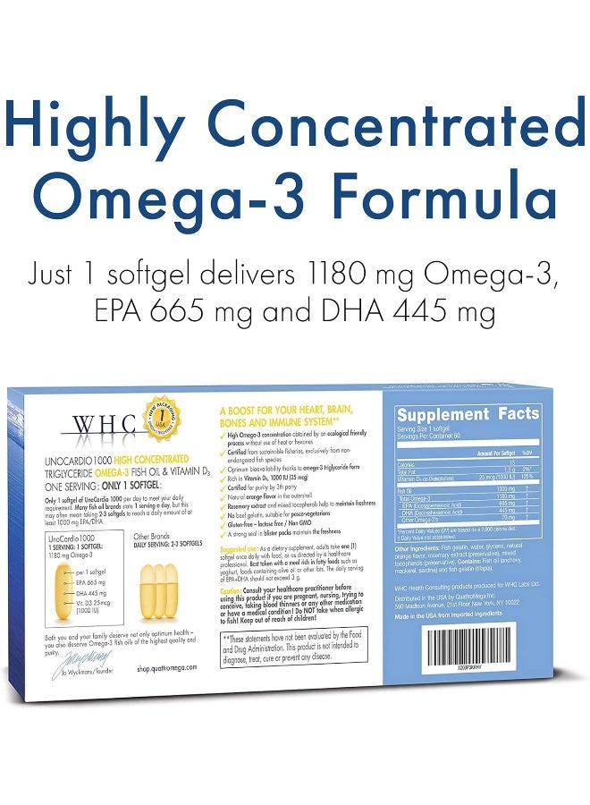 WHC, UnoCardio 1000 Fish Oil, 1300 mg of Pure Triglyceride Fish Oil with Omega-3 (1180 mg), 665 mg EPA and 445 mg DHA and 25 mcg (1000 IU) Vitamin D3 per softgel, Natural Orange, 60 softgels - Image 2