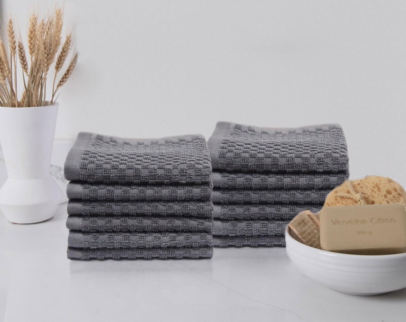 Cotton Craft Euro Spa Waffle Wash Cloth - Set Of 12 Luxury Pure Ringspun Cotton Waffle Weave Bathroom Face Towel - Everyday Absorbent Hotel Gym Shower Beach Kitchen Travel Dorm - 12X12 Inches - Grey - Image 2