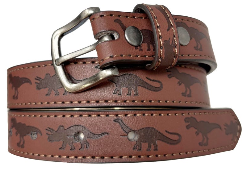 BC Belts Dinosaurs Kids Leather Belt Strap and Metal Buckle 1" Wide with Snaps - Tyrannosaurus Triceratops Brontosaurus T-Rex Dinos (Brown-M) - Image 1