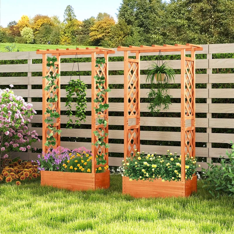 HAPPYGRILL HAPPYGRILL Raised Garden Bed with Trellis 2 Pack Wood Elevated Garden Bed with Hanging Roof Planter Box Drainage Holes for Climbing Plants Flowers Vegetables 31 L x 14 W x 60 H  - Image 2