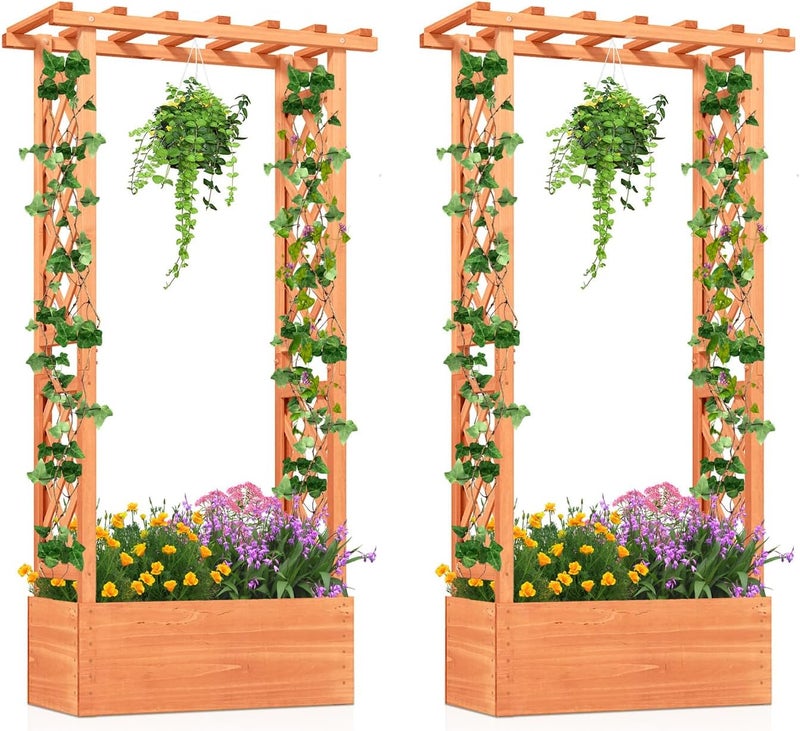 HAPPYGRILL HAPPYGRILL Raised Garden Bed with Trellis 2 Pack Wood Elevated Garden Bed with Hanging Roof Planter Box Drainage Holes for Climbing Plants Flowers Vegetables 31 L x 14 W x 60 H  - Image 1