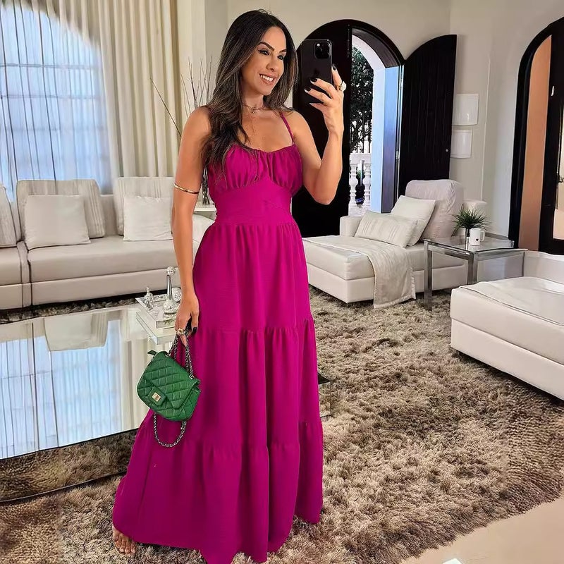 2024 Women'S Solid Color U-Neck High Waist Slim-Fit Long Large Dress - Image 5
