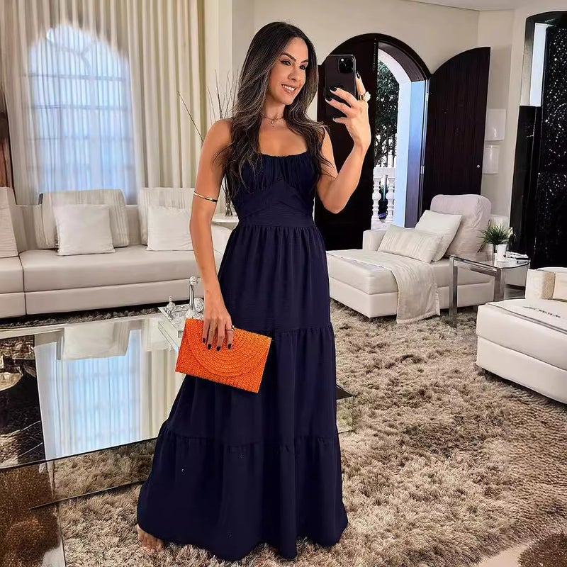 2024 Women'S Solid Color U-Neck High Waist Slim-Fit Long Large Dress - Image 2
