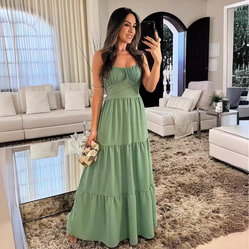 2024 Women'S Solid Color U-Neck High Waist Slim-Fit Long Large Dress - Image 3