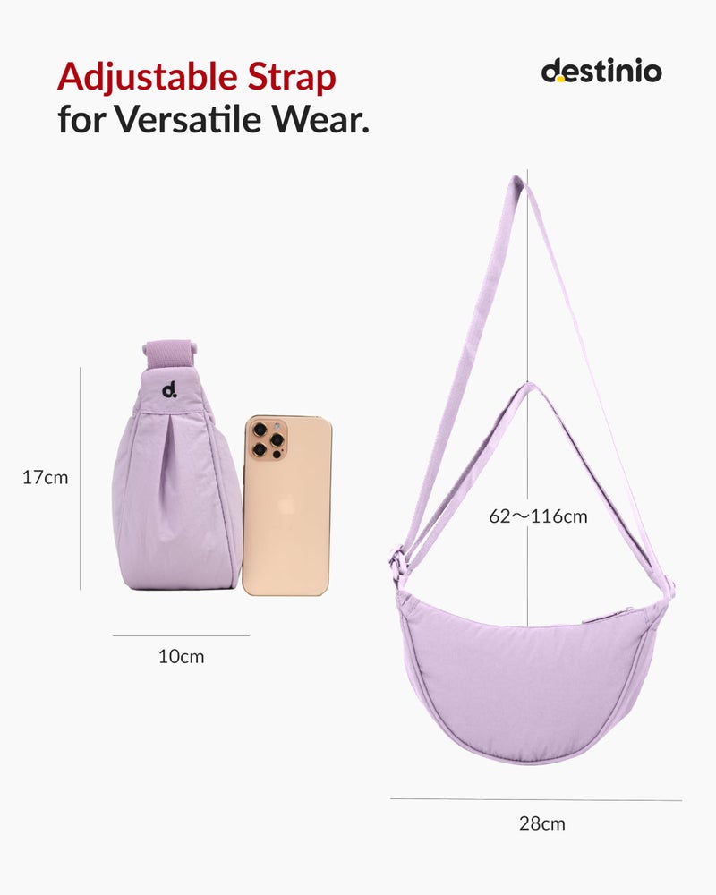 Destinio crossbody bags for women and men - slim & stylish, luxury Nylon fabric, branded zippers - small side half moon sling bag & waist bag, Unisex chest bag (Lavender, Half Moon Sling) - Image 5
