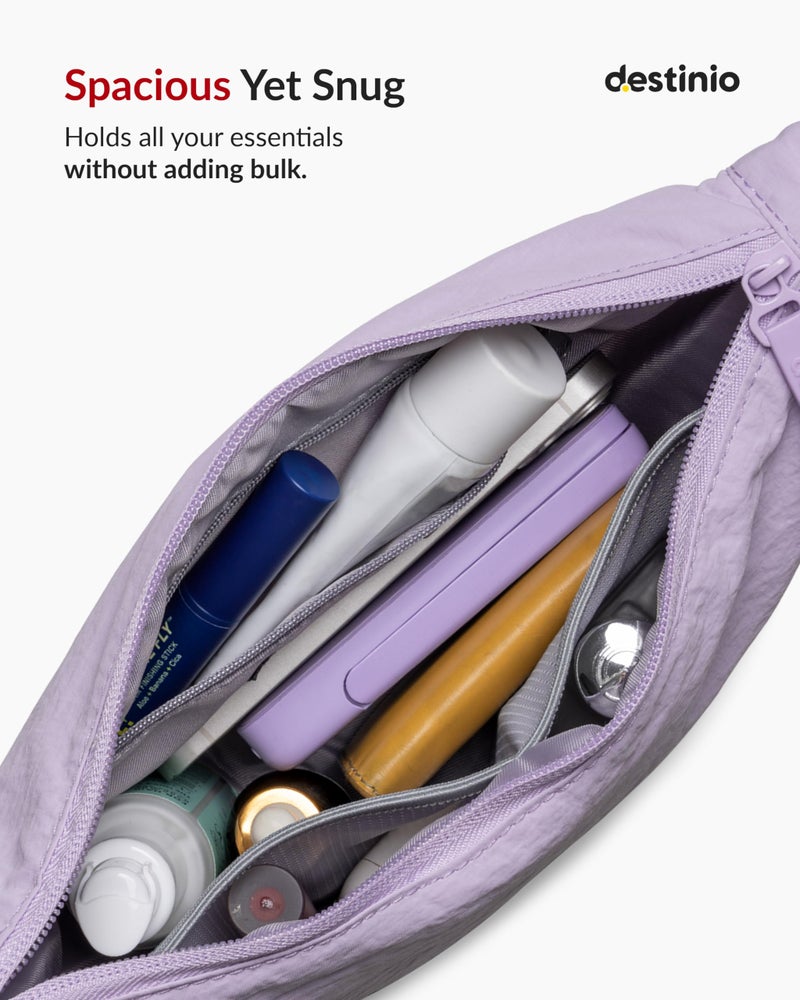 Destinio crossbody bags for women and men - slim & stylish, luxury Nylon fabric, branded zippers - small side half moon sling bag & waist bag, Unisex chest bag (Lavender, Half Moon Sling) - Image 3