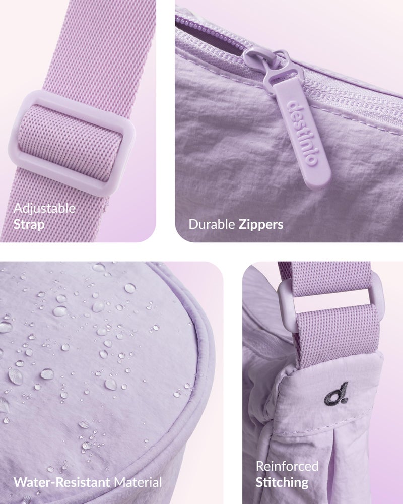 Destinio crossbody bags for women and men - slim & stylish, luxury Nylon fabric, branded zippers - small side half moon sling bag & waist bag, Unisex chest bag (Lavender, Half Moon Sling) - Image 4