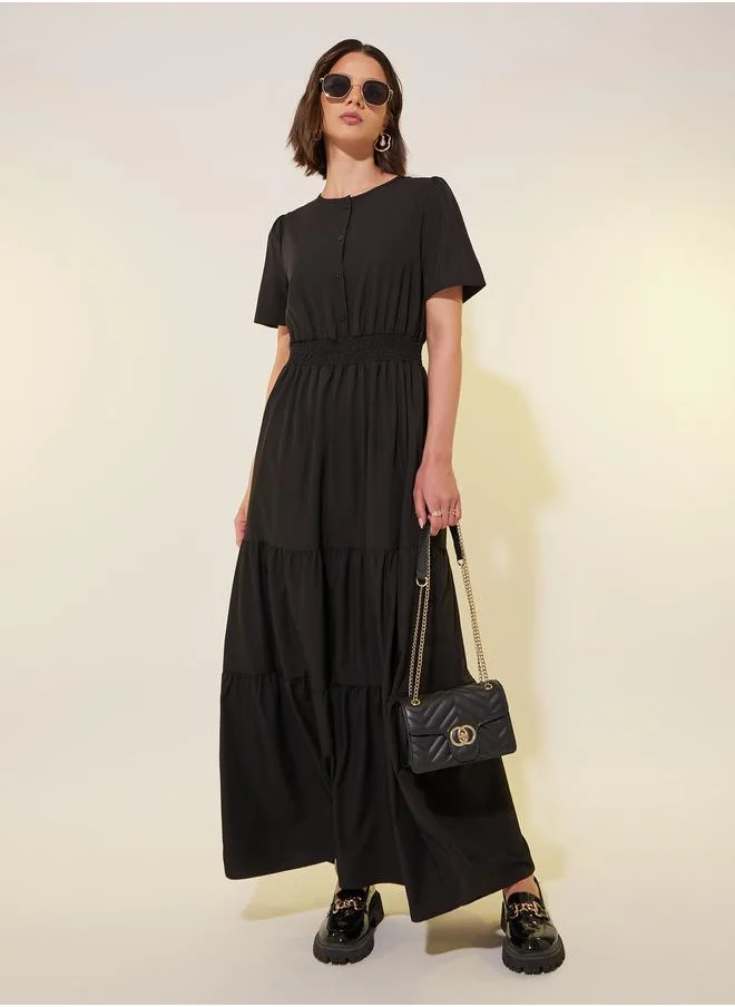 Take Two Take Two Solid Smocked Waist Puff Sleeves Tiered Maxi Dress