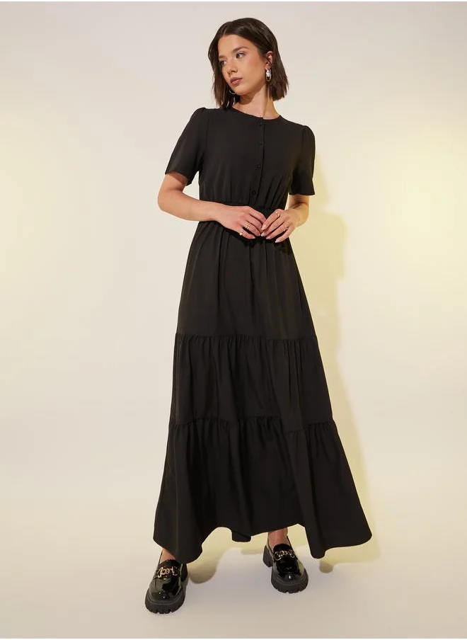 Take Two Take Two Solid Smocked Waist Puff Sleeves Tiered Maxi Dress