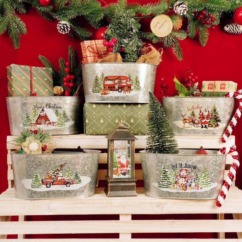 Putuo Decor Christmas Metal Buckets, 5 Pieces Christmas Tin Pots Small Christmas Decorations Oval Pots, Galvanized Beverage Tubs Small Pails for Party Home Table Centerpieces Storage Decor 9in - Image 2