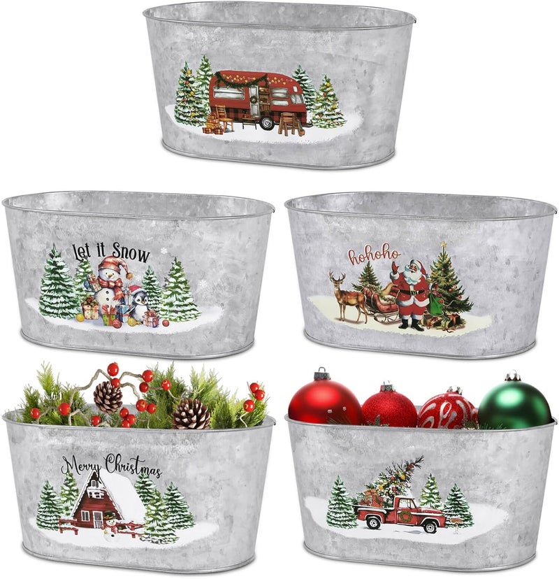 Putuo Decor Christmas Metal Buckets, 5 Pieces Christmas Tin Pots Small Christmas Decorations Oval Pots, Galvanized Beverage Tubs Small Pails for Party Home Table Centerpieces Storage Decor 9in - Image 1