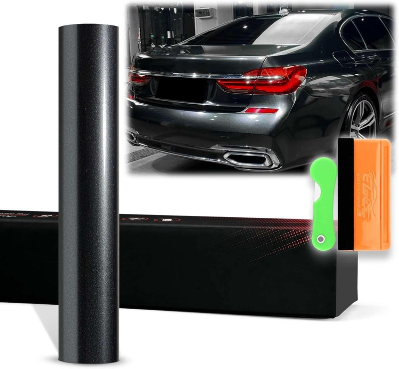 EZAUTO WRAP EZAUTOWRAP 12"x60" (قدم واحد × 5 أقدام) فيلم تغليف سيارات ذاتي اللصق من الفينيل فائق اللمعان المعدني باللون الرمادي الفحمي PET، تقنية إزالة الهواء الخالية من الفقاعات مع مجموعة الأدوات - Image 1