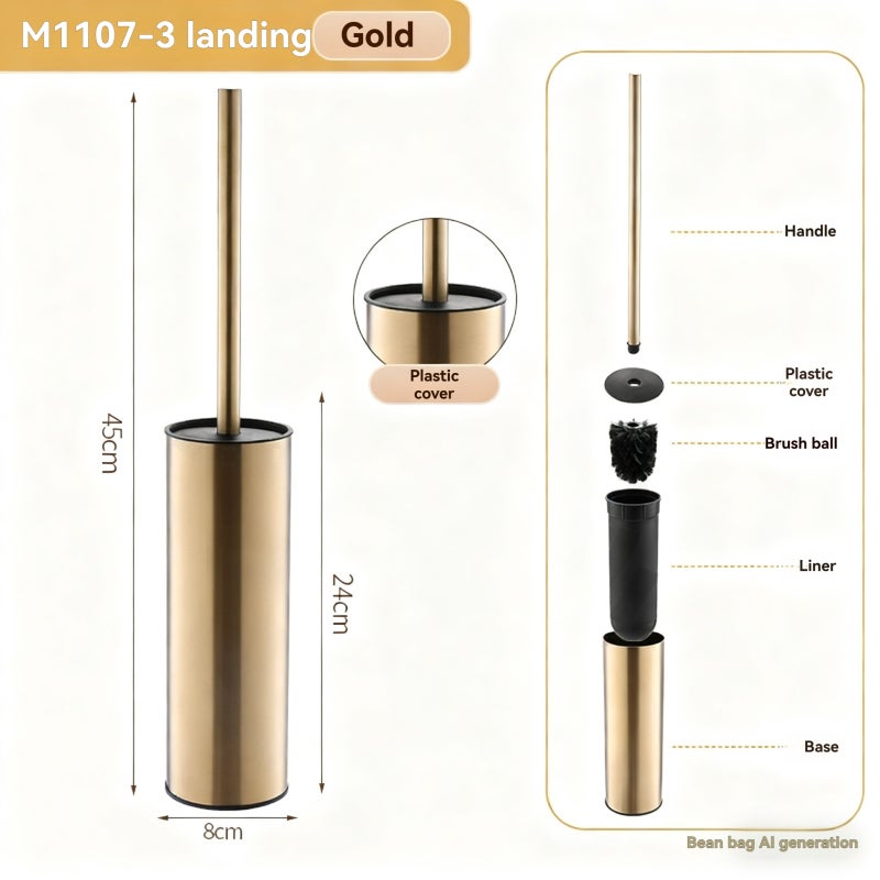Gold Toilet Brush Compact Stainless Steel Rust-Resistant - Space-Saving Cylinder Holder for Modern Bathroom Home Hygiene - Image 2