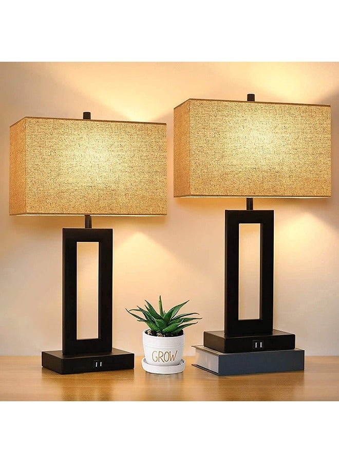 SET OF 2 TOUCH CONTROL TABLE LAMP WITH 2 USB PORTS, 3-WAY DIMMABLE MODERN NIGHTSTAND LAMP SETS BEDSIDE TOUCH DESK LAMP WITH FABRIC CREAM SHADE FOR BEDROOM TABLE LIVING ROOM READING, LED BULBS INCLUDED
