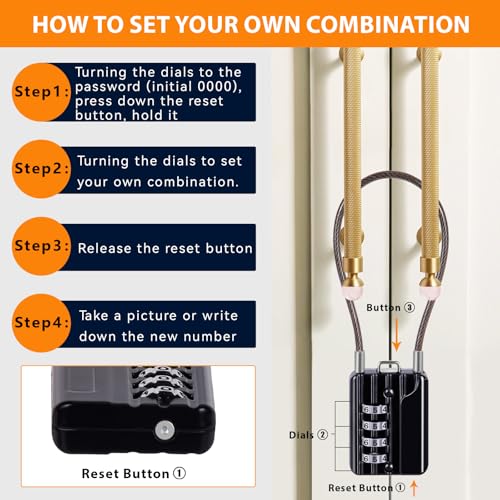 SEPOX® Versatile Twins Resettable 4-Digit Combination Padlock with Extrem Long Cable – Personalized Password, Durable Vinyl Steel Cable, Multipurpose Lock for Suitcase, Gym – Black 32cm Cable - Image 5