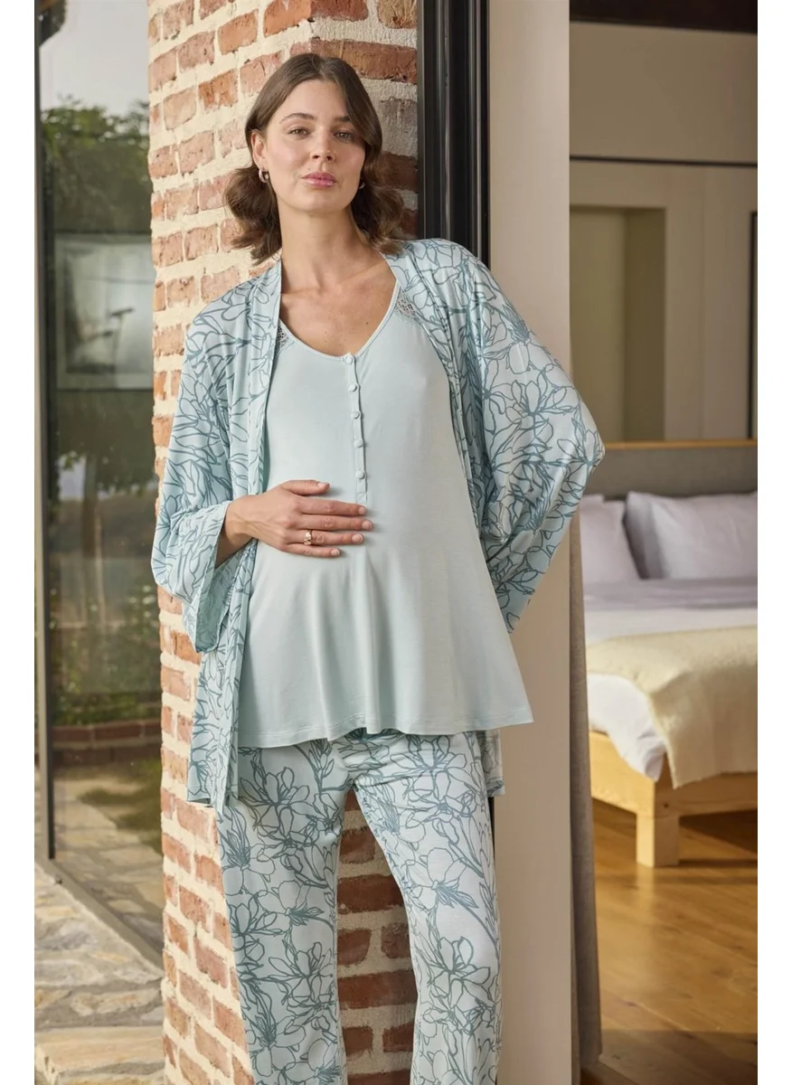 Monamise Women's Leaf Patterned Lace Maternity 3-Piece Pajama Set