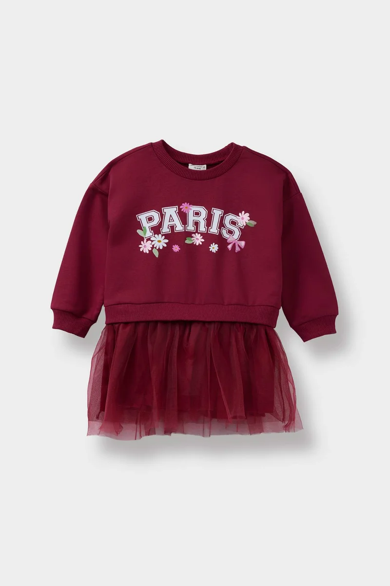 DeFacto Baby Girl Printed Long Sleeve Tulle Dress