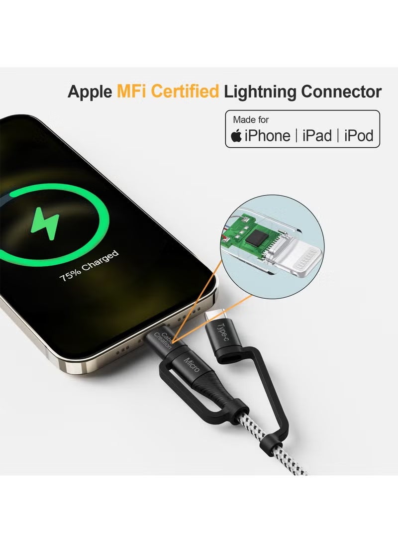 كابل كرييشن كابل بيانات USB مضفر متعدد الوظائف 3 في 1 سريع من النوع C مع Micro وLightning معتمد من MFI، بطول 1.2 متر - Image 2