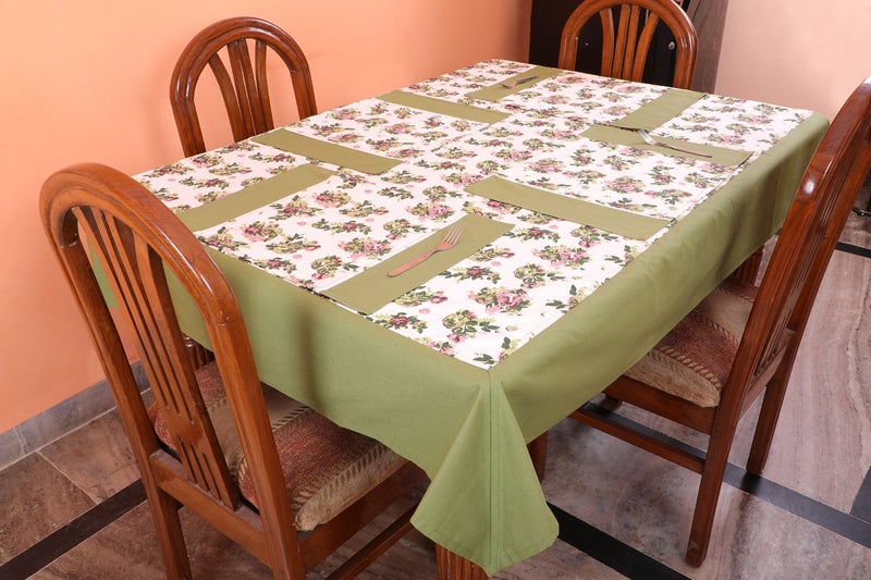 Dekor World Floral Printed Green Table Cover with Place Mat (Pack of 9) - Image 1