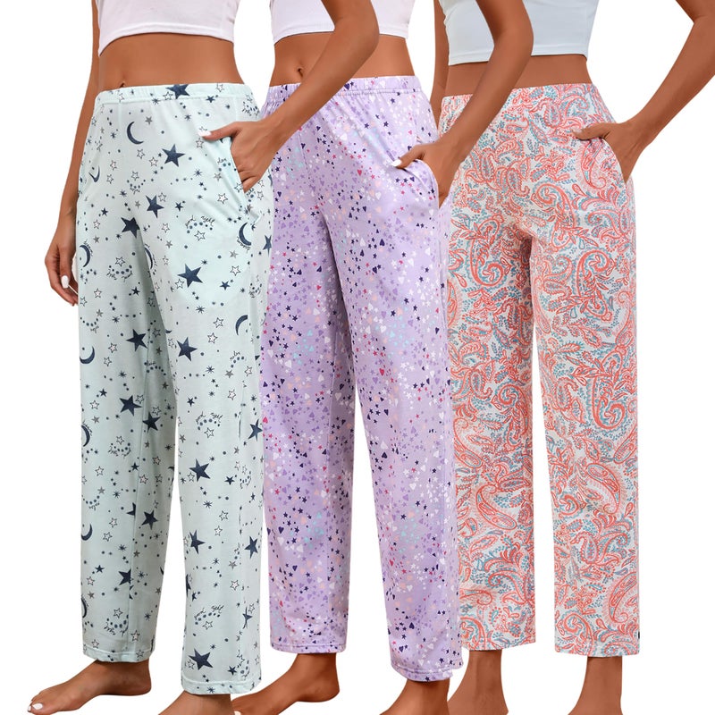 PNAEONG Pajama Pants Women 3 Pack Soft Cotton Lounge Pants Women Comfy PJ Casual Sleep Pant Print Women's Pajama Bottoms Sleepwear with Elastic Waistband & Pockets, Star+Purple+Pink Paisley-M - Image 1