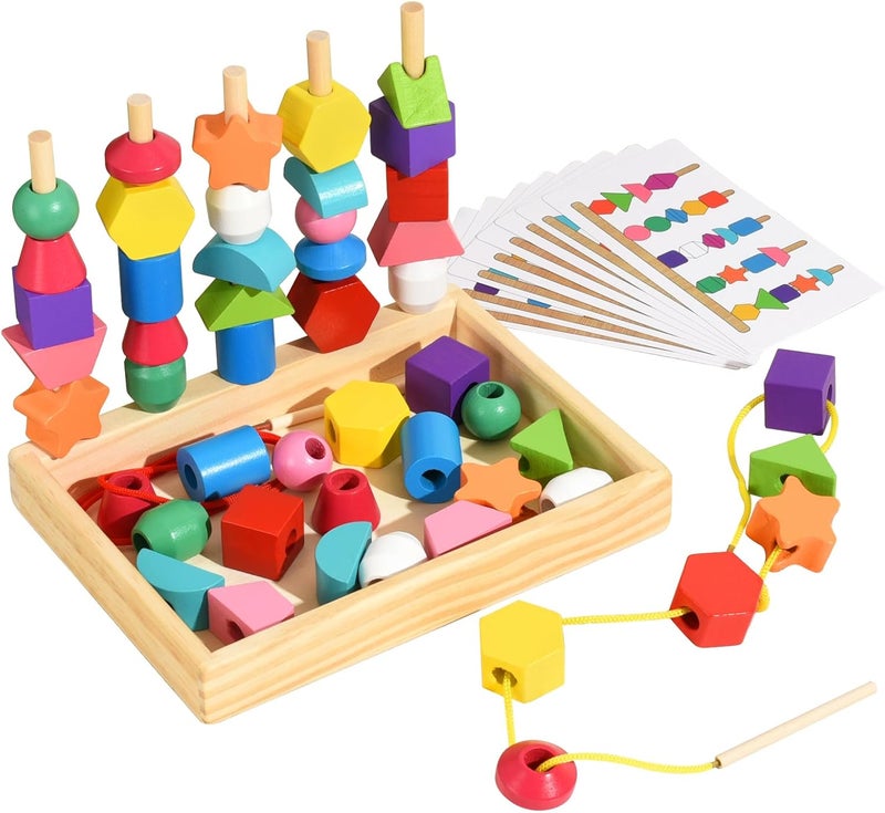 Gserin Montessori Bead Sequencing Set for Kids, Wooden Lacing Beads Toys for Toddlers, Stacking Block & Shape Stacker Toy with Storage Box, STEM Preschool Learning Fine Motor Skills Toy for Kids Ages 3+ - Image 1