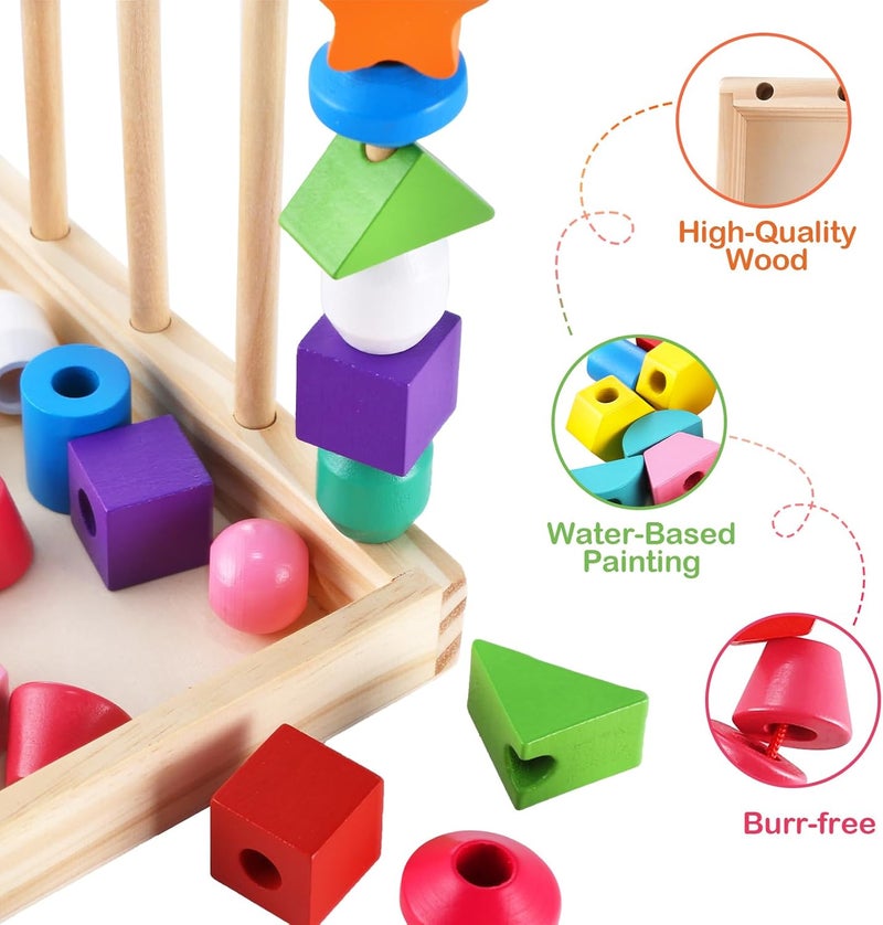 Gserin Montessori Bead Sequencing Set for Kids, Wooden Lacing Beads Toys for Toddlers, Stacking Block & Shape Stacker Toy with Storage Box, STEM Preschool Learning Fine Motor Skills Toy for Kids Ages 3+ - Image 5