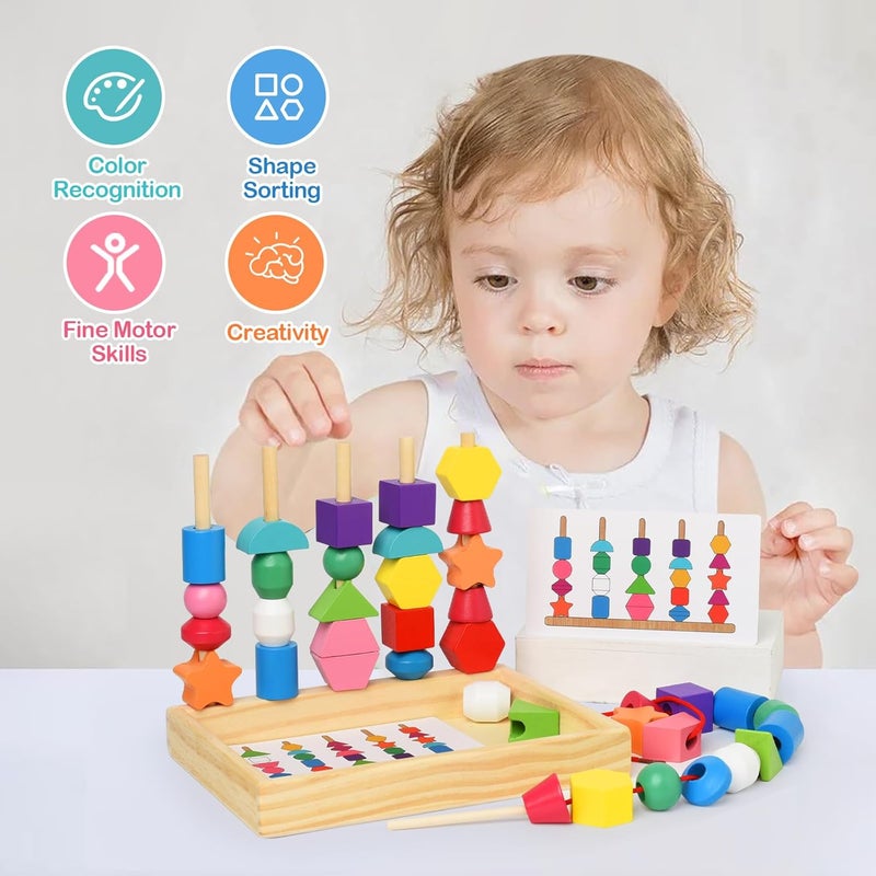 Gserin Montessori Bead Sequencing Set for Kids, Wooden Lacing Beads Toys for Toddlers, Stacking Block & Shape Stacker Toy with Storage Box, STEM Preschool Learning Fine Motor Skills Toy for Kids Ages 3+ - Image 2