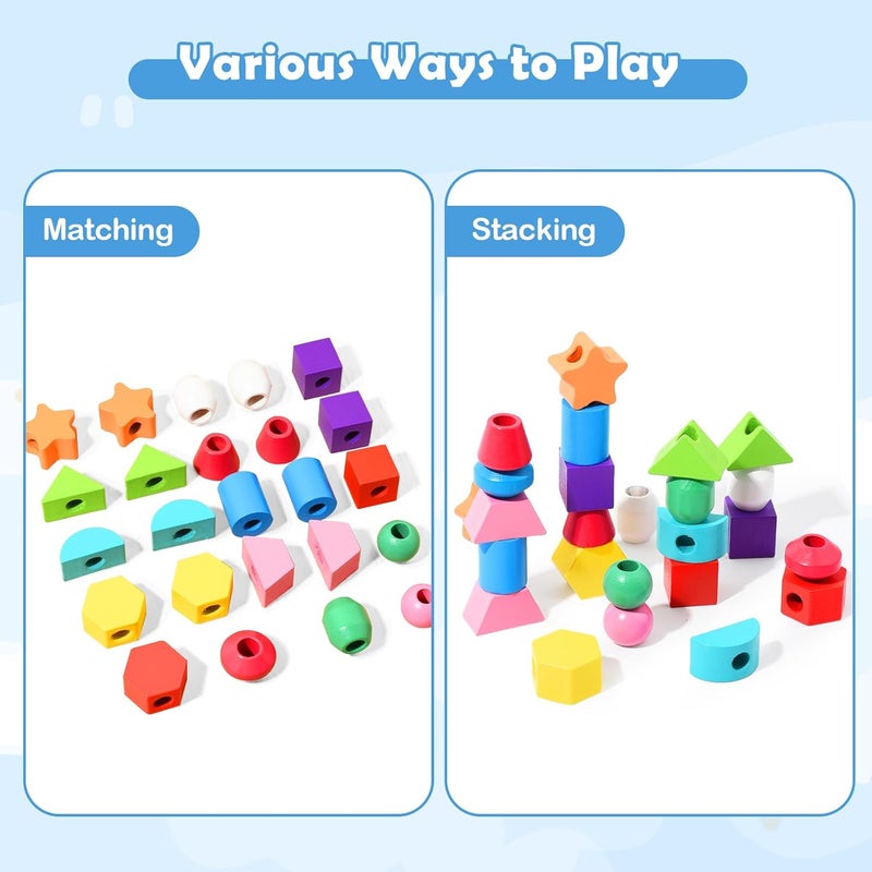 Gserin Montessori Bead Sequencing Set for Kids, Wooden Lacing Beads Toys for Toddlers, Stacking Block & Shape Stacker Toy with Storage Box, STEM Preschool Learning Fine Motor Skills Toy for Kids Ages 3+ - Image 4