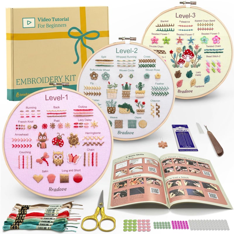 Bradove Beginner Embroidery Kit for Adults Kids, Learn to Embroider 37 Stitches and 13 Cute Patterns, Bead Embroidery Kit, Beginner Embroidery Practice - Image 1