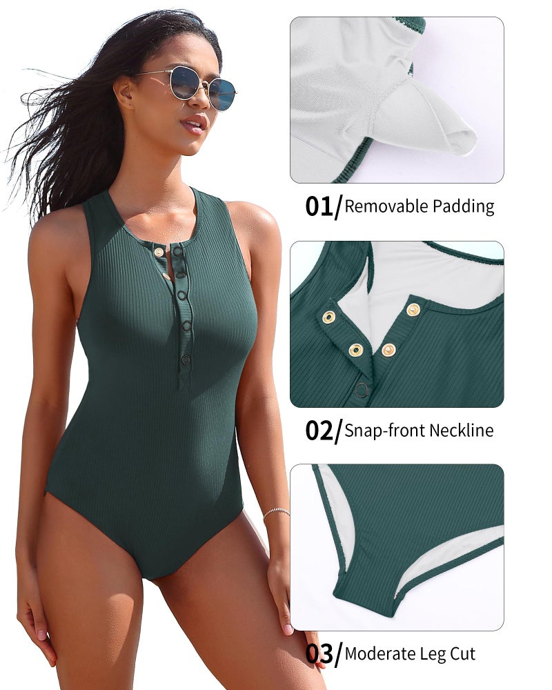 Charmo Ribbed Swimsuits One Piece Button Racerback Womens Rashguard Long Torso Swim Suits 2026 Bathing Suit Green L - Image 5