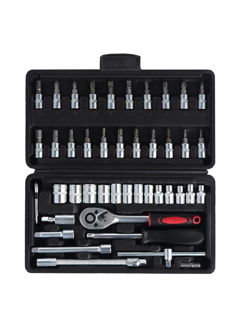LOOPITYS 46PCS Small Drive Socket Ratchet Wrench Screwdriver Set, 1/4 Inch Metric Socket and Ratchet Wrench Set with Extension Bar, Upgrade Compact Snap on Ratchet Wrench Sockets Tool Set for Car - Image 1