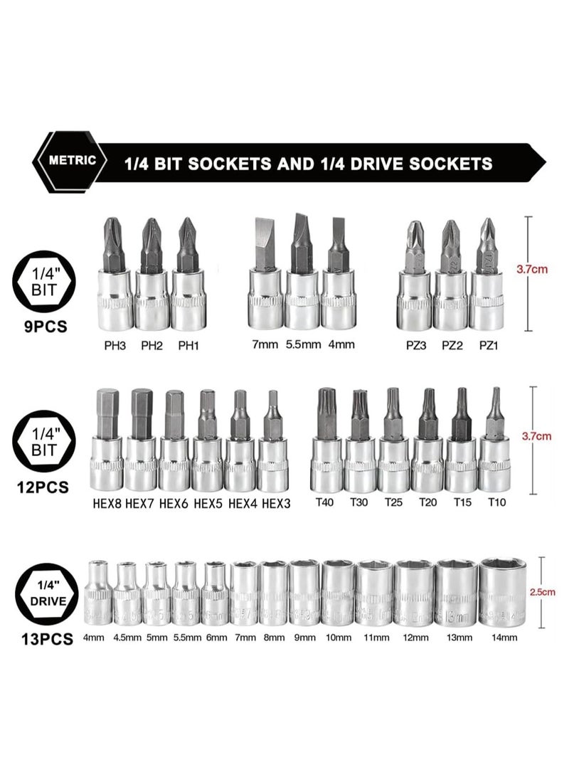 LOOPITYS 46PCS Small Drive Socket Ratchet Wrench Screwdriver Set, 1/4 Inch Metric Socket and Ratchet Wrench Set with Extension Bar, Upgrade Compact Snap on Ratchet Wrench Sockets Tool Set for Car - Image 2