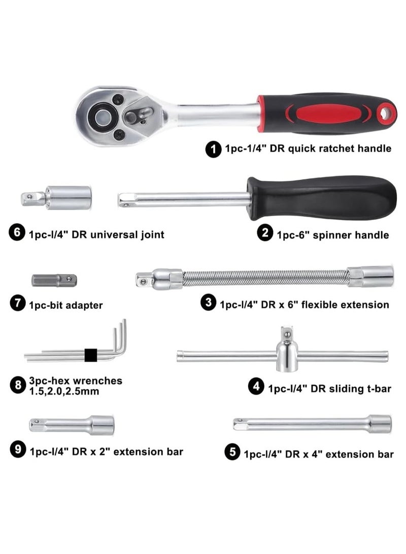 LOOPITYS 46PCS Small Drive Socket Ratchet Wrench Screwdriver Set, 1/4 Inch Metric Socket and Ratchet Wrench Set with Extension Bar, Upgrade Compact Snap on Ratchet Wrench Sockets Tool Set for Car - Image 3