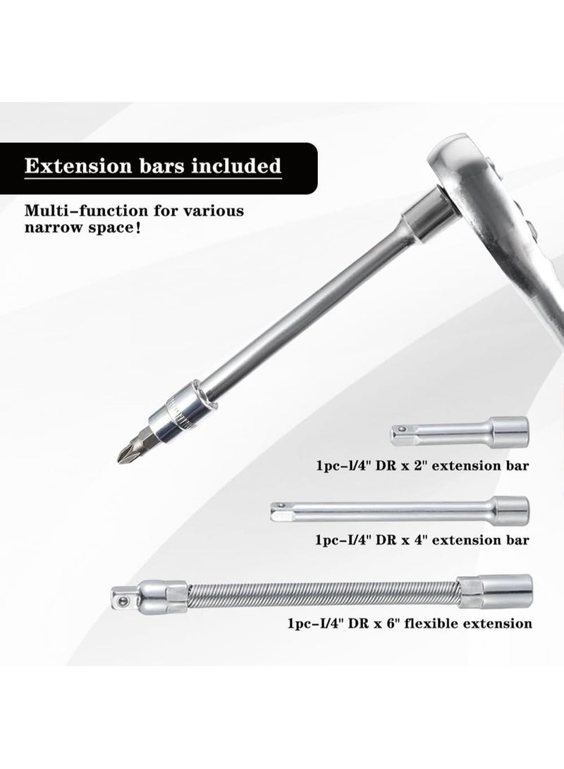 LOOPITYS 46PCS Small Drive Socket Ratchet Wrench Screwdriver Set, 1/4 Inch Metric Socket and Ratchet Wrench Set with Extension Bar, Upgrade Compact Snap on Ratchet Wrench Sockets Tool Set for Car - Image 5