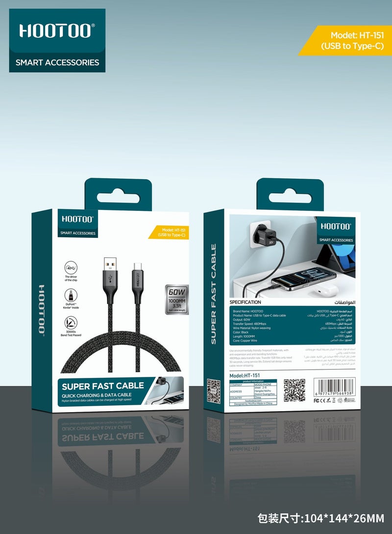 HooToo Usb to Type c charging cable supports 60W fast charging & data transfer. braided fabric type c cable fast charger durable and resistant. features a robust Type C connector with built-in protection for your phone.  1 meter charging cable is compatible with iPhones, Samsung, Huawei, Xiaomi, and many other devices. - Image 5