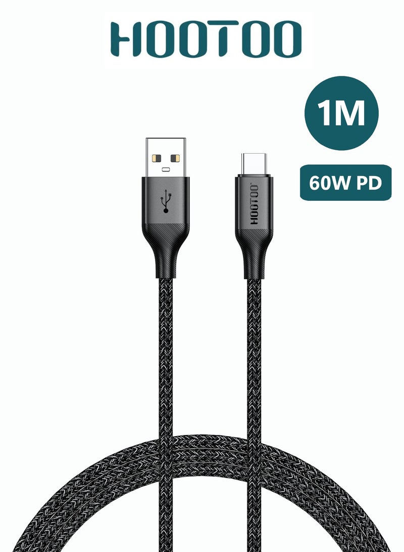 HooToo Usb to Type c charging cable supports 60W fast charging & data transfer. braided fabric type c cable fast charger durable and resistant. features a robust Type C connector with built-in protection for your phone.  1 meter charging cable is compatible with iPhones, Samsung, Huawei, Xiaomi, and many other devices. - Image 1