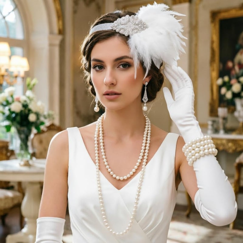 DRESHOW Women's 1920s Great Gatsby Accessories Set: Feather Headband, Faux Pearl Necklace, Gloves, Bracelet & Earrings for Themed Parties & Special Occasions - Image 3