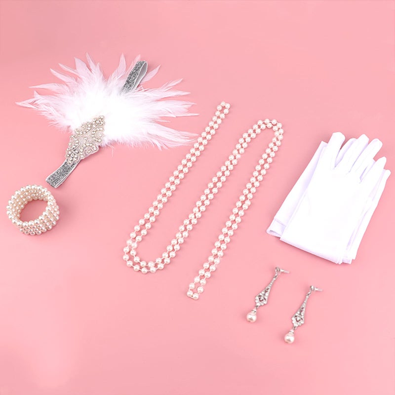 DRESHOW Women's 1920s Great Gatsby Accessories Set: Feather Headband, Faux Pearl Necklace, Gloves, Bracelet & Earrings for Themed Parties & Special Occasions - Image 4