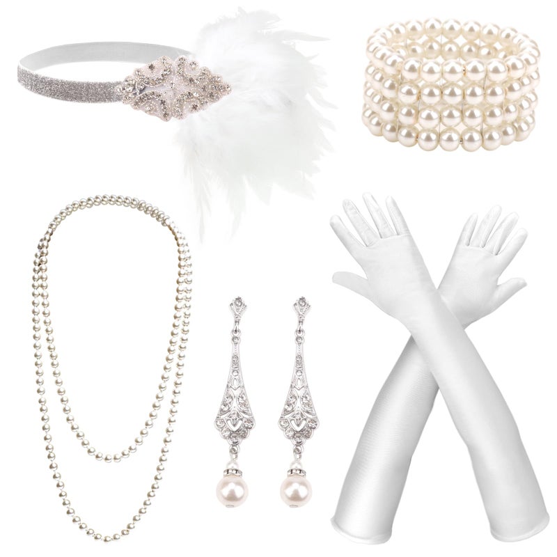 DRESHOW Women's 1920s Great Gatsby Accessories Set: Feather Headband, Faux Pearl Necklace, Gloves, Bracelet & Earrings for Themed Parties & Special Occasions - Image 1