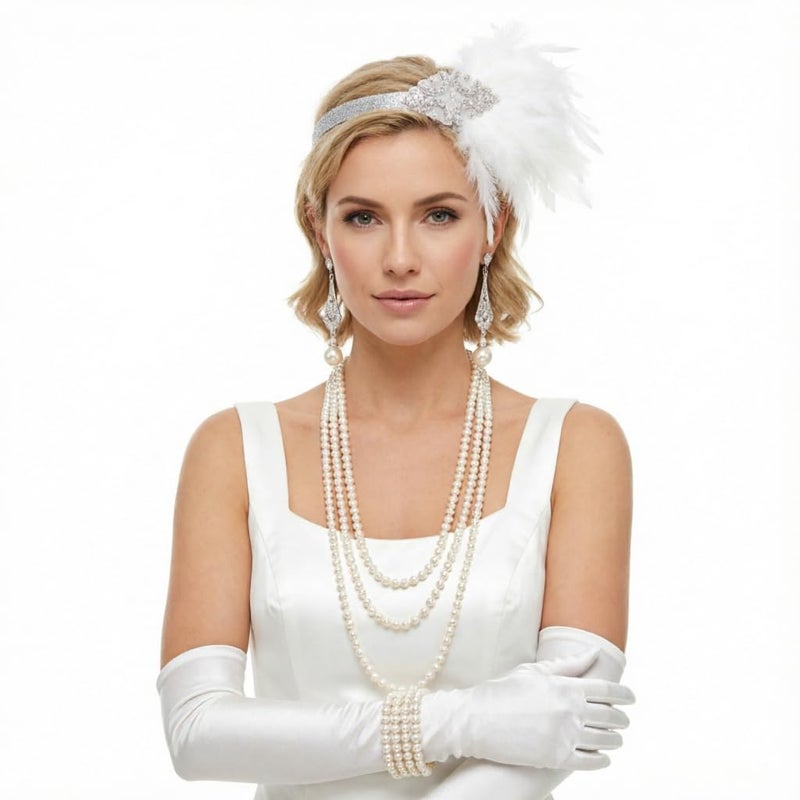 DRESHOW Women's 1920s Great Gatsby Accessories Set: Feather Headband, Faux Pearl Necklace, Gloves, Bracelet & Earrings for Themed Parties & Special Occasions - Image 2