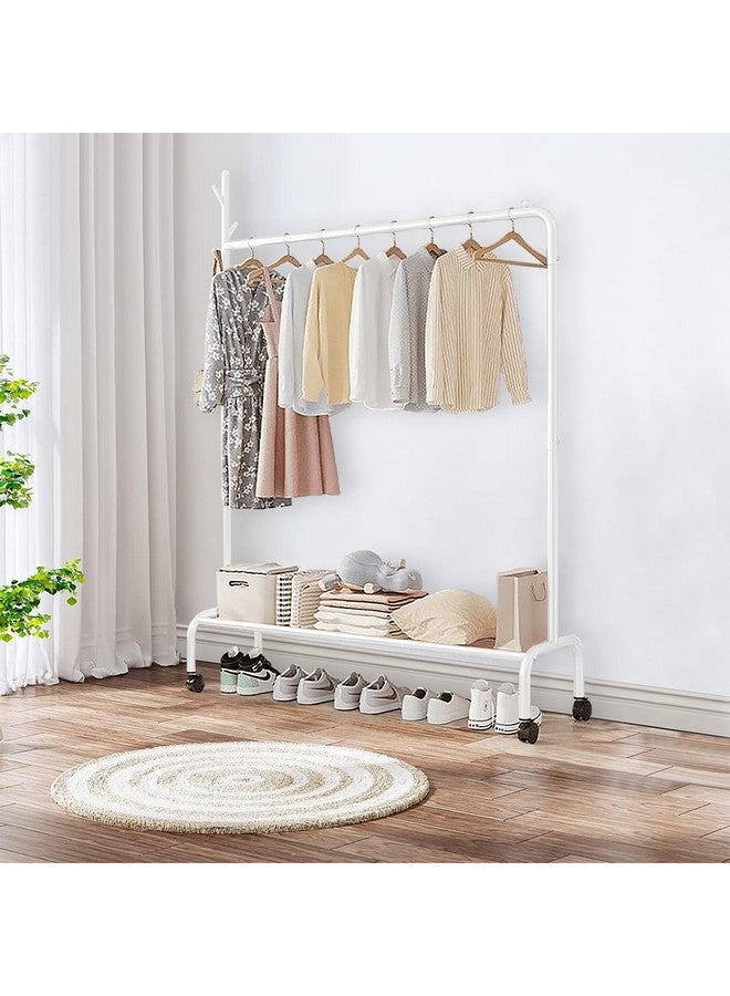 لوكزر حامل ملابس معدني متعدد الأغراض ومتين من Lukzer بعمود واحد مع عجلات ورف سفلي واحد ورف ملابس منظم لتخزين الملابس (172 × 120 × 34 سم/أبيض) - Image 4