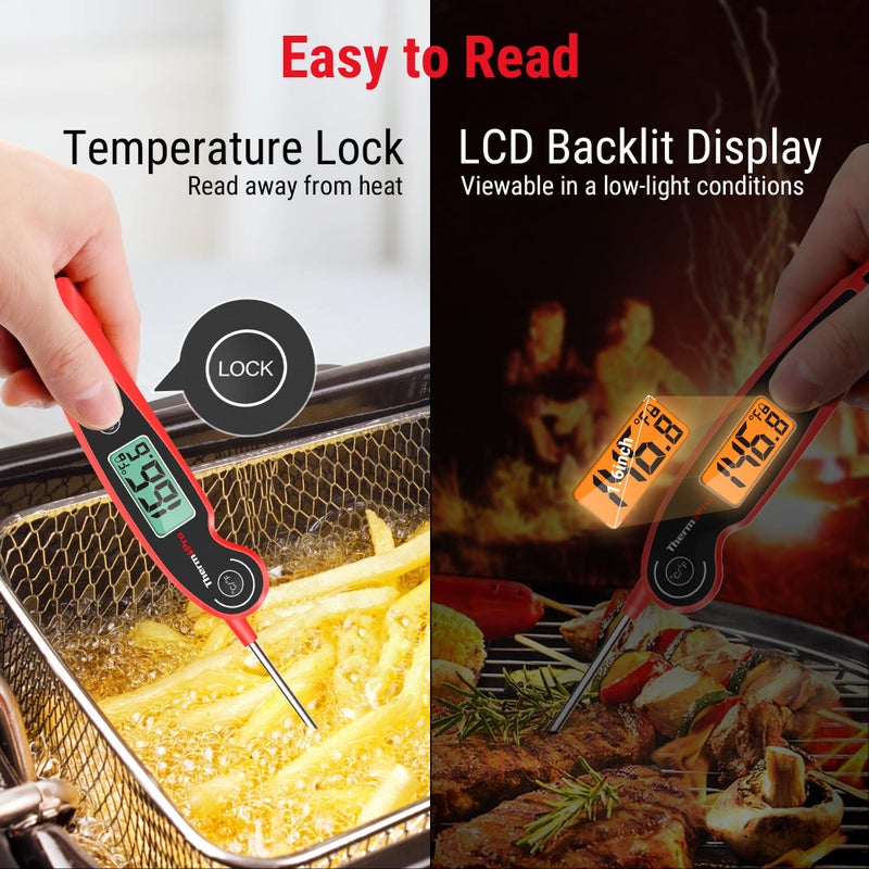 ثيرمو برو ThermoPro TP605 ميزان حرارة اللحوم للقراءة الفورية للطهي مقاوم للماء ميزان حرارة رقمي للطعام مع شاشة LCD كبيرة بإضاءة خلفية 180 درجة قابلة للطي ومقياس حرارة المطبخ لشواء التدخين وصنع الحلوى - Image 5